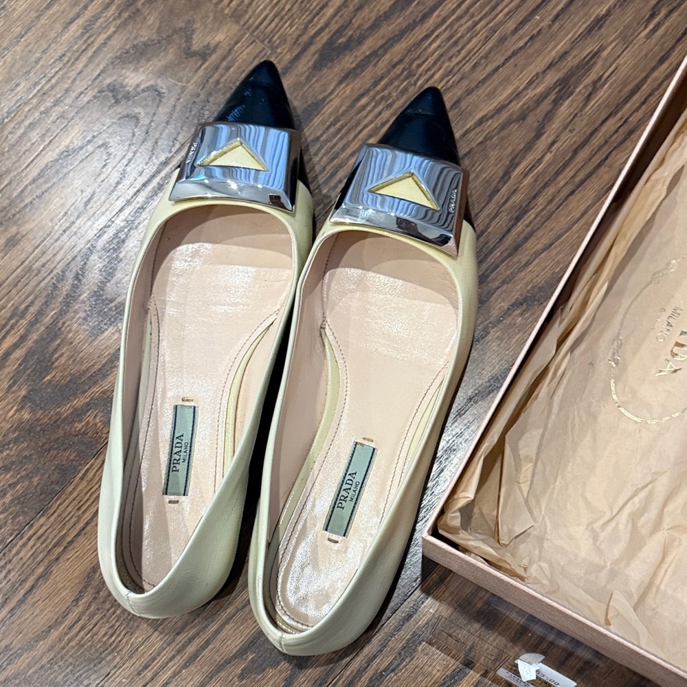 Prada Cream and Black Flats with Silver Accent